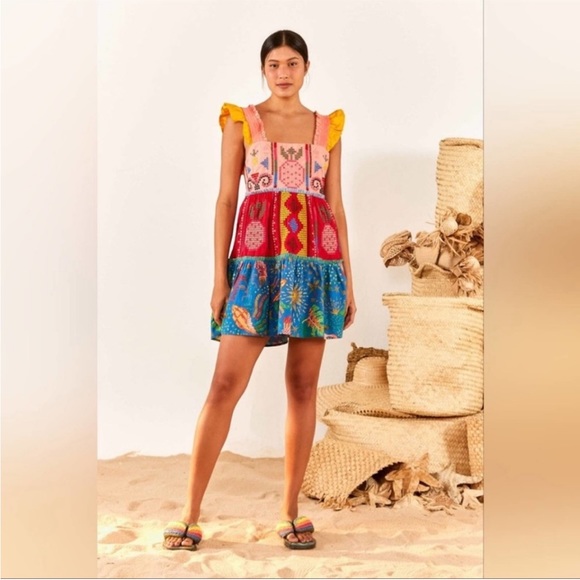 FARM Rio Dresses Farm Rio Crossstitch Tiered Cotton Mini Dress Nwt